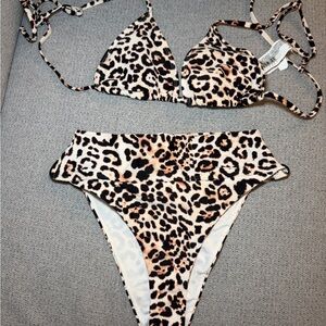 Forever 21 Leopard Print High Waist Bikini Set - Black, Tan, Cream